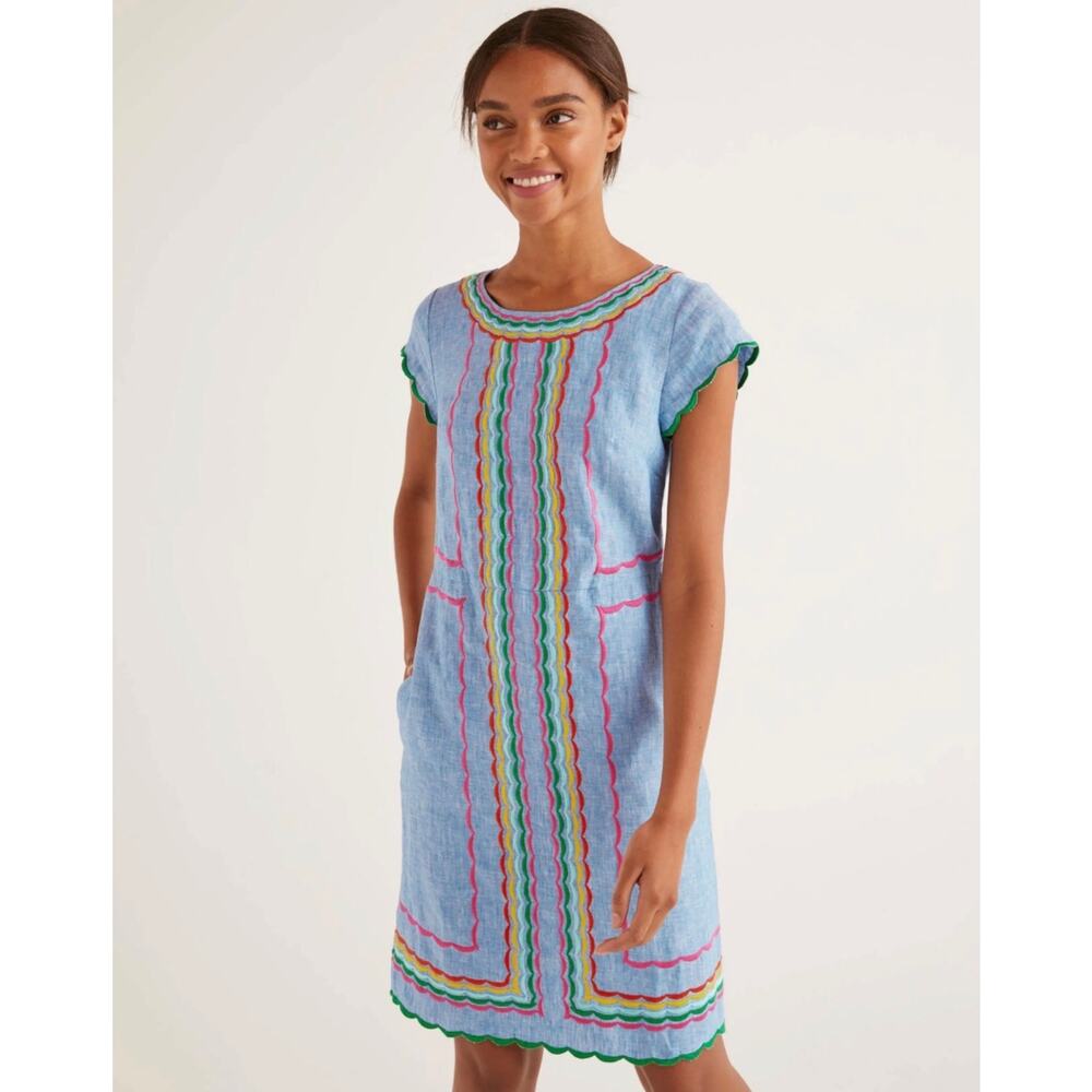 Boden Linen Embroidered Shift Dress Blue Multicolor Boho Mini Dress Size 6P